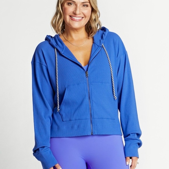 Terez Tops - Terez blue ribbed zip up cropped hoodie